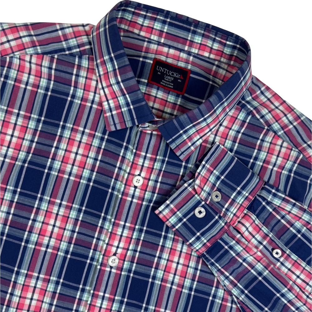 UNTUCKit Plaid Slim Fit Shirt Button Up Mens Large Navy Pink Preppy Office